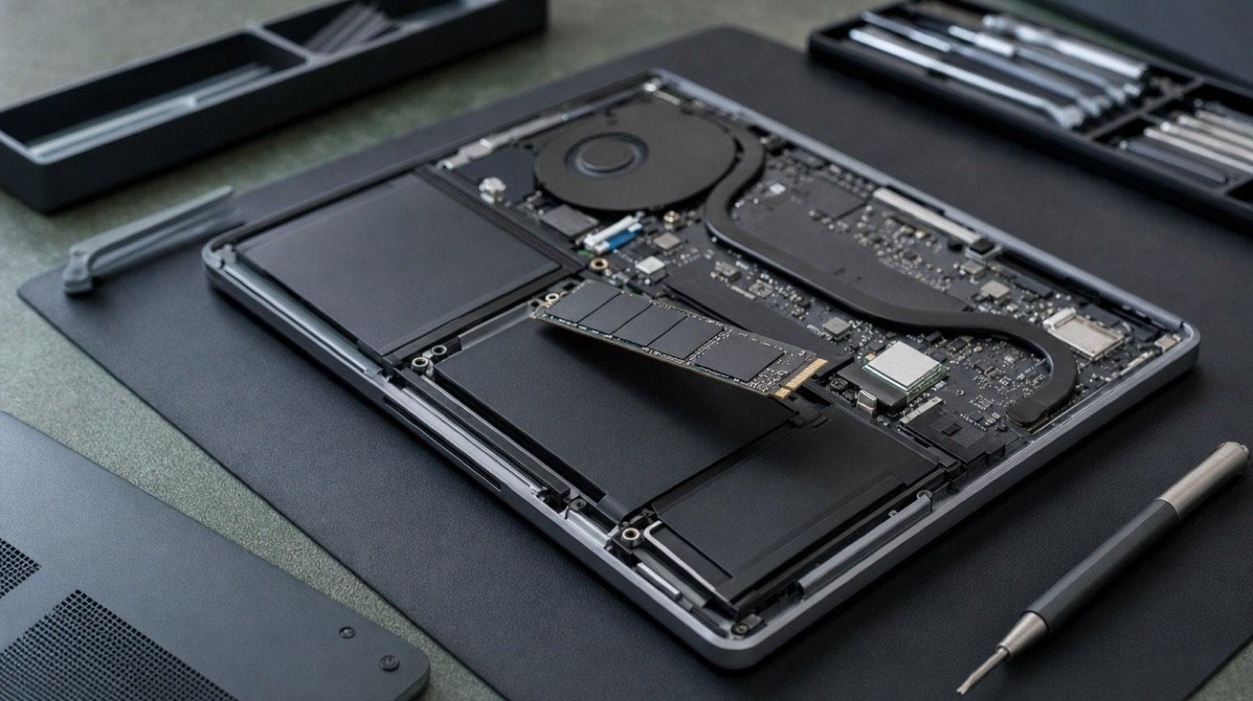 An opened laptop on an anti-static mat with its base panel removed and an M.2 solid state drive lifted clear.