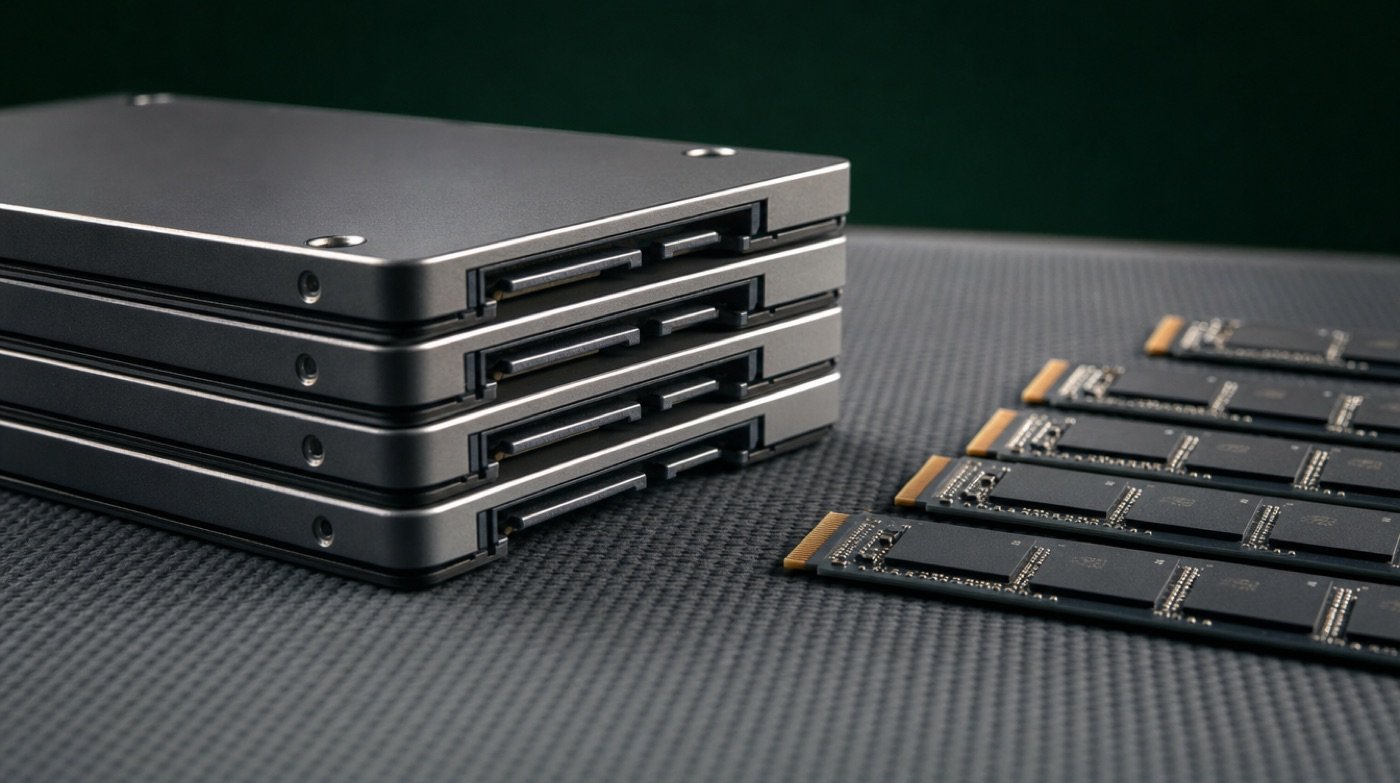 A stack of 2.5 inch solid state drives beside bare NVMe modules on a dark anti-static mat.