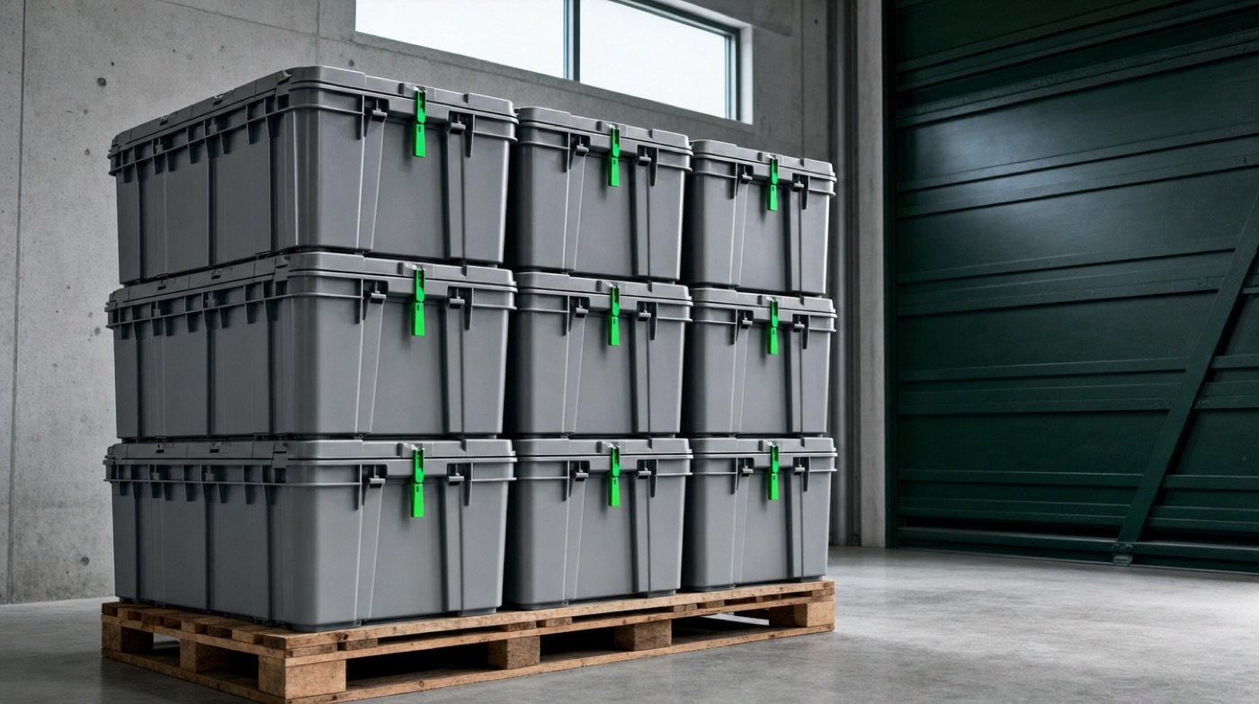 Sealed grey transit totes stacked on a pallet in a loading bay, each lid closed with a coloured seal.