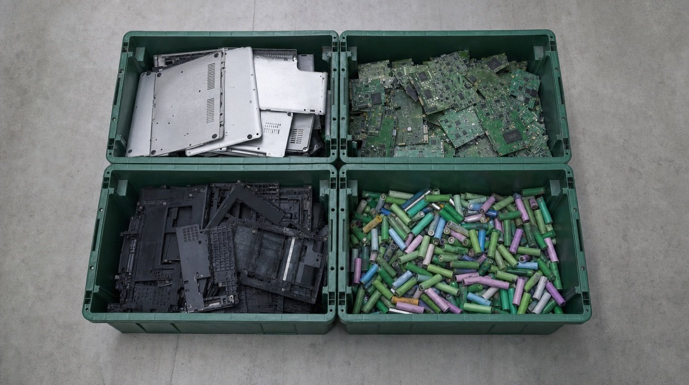 Four bins seen from above holding separated streams: aluminium casings, circuit boards, plastics, and battery cells.