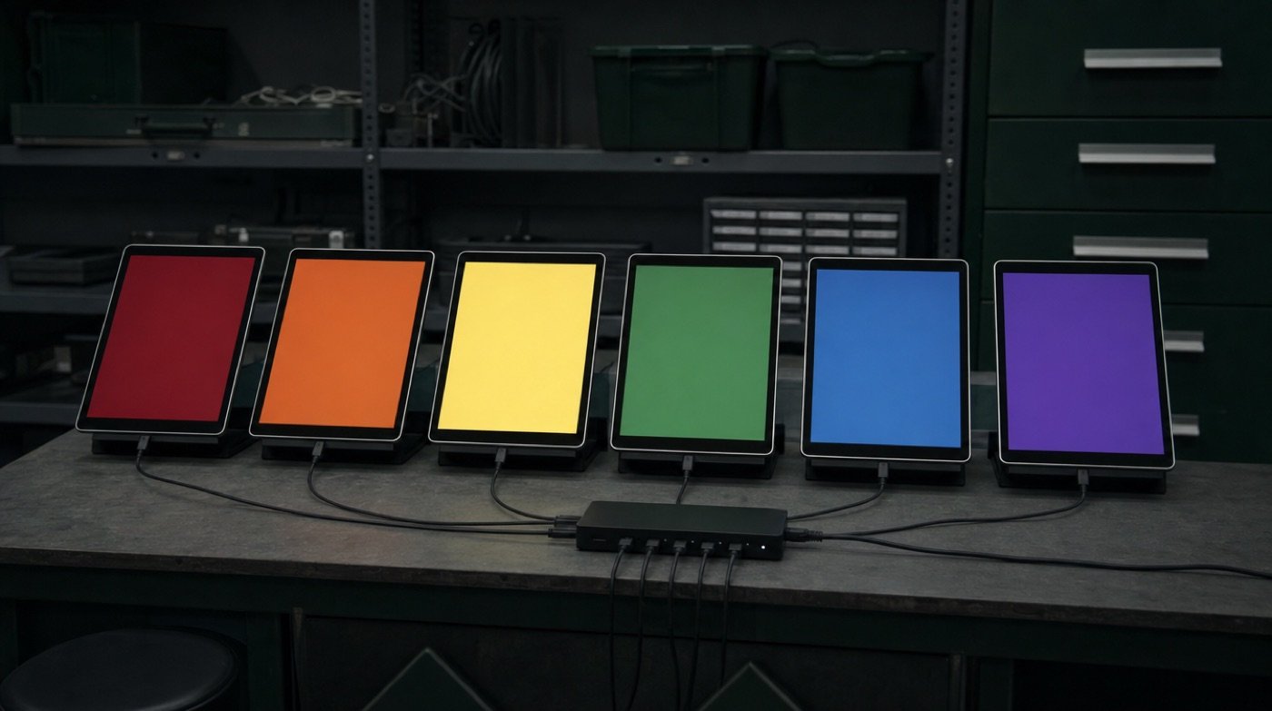 Six tablets standing in a row on a test bench, each screen lit a flat solid colour, cabled to a hub.