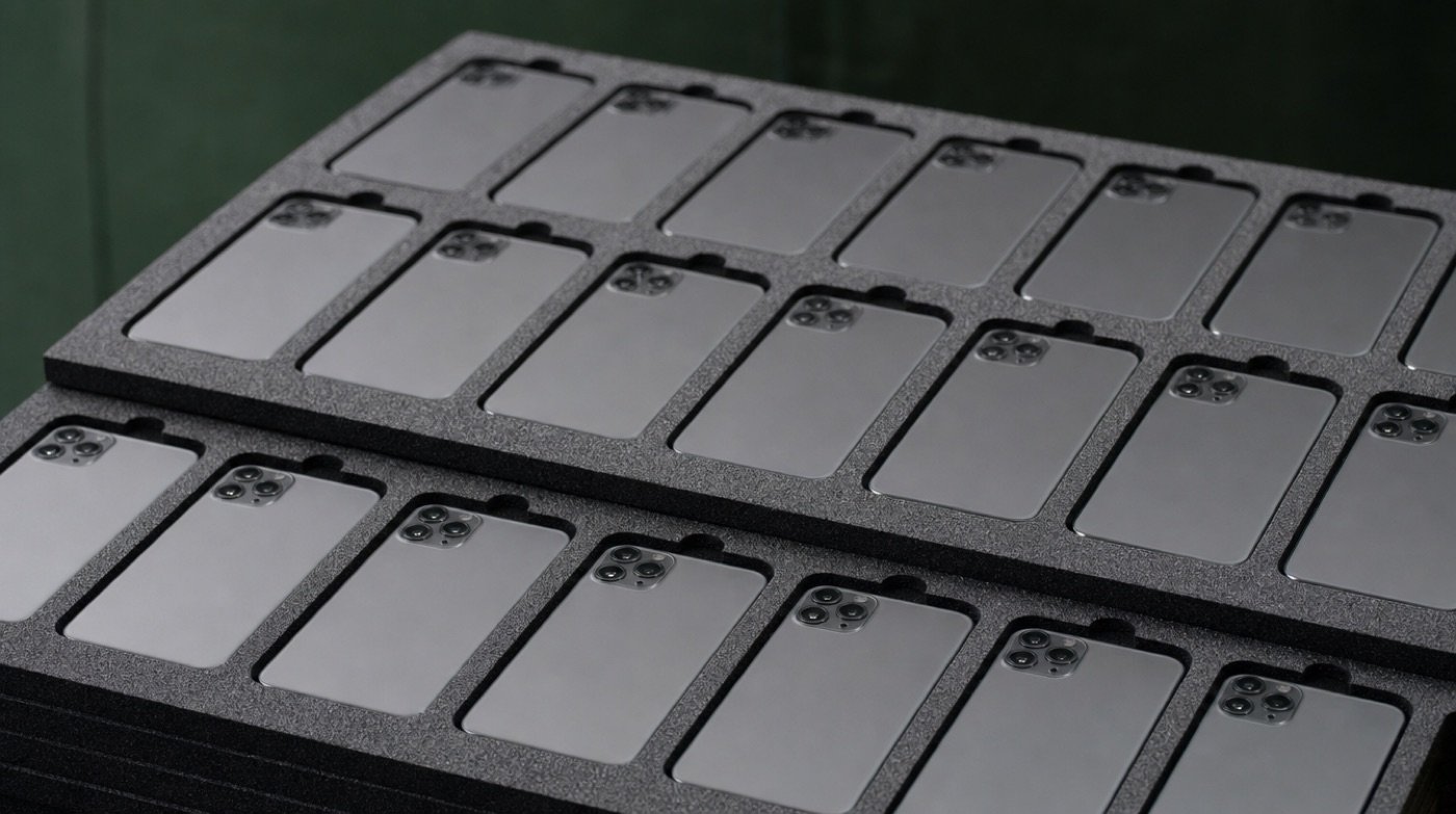 Dozens of smartphones laid face down in slotted anti-static foam trays, stacked two deep.