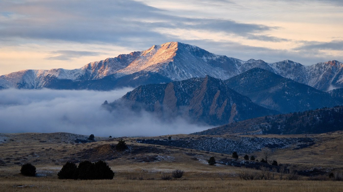The Colorado Front Range at dawn, snow on the high peak and low cloud lying in the valley.