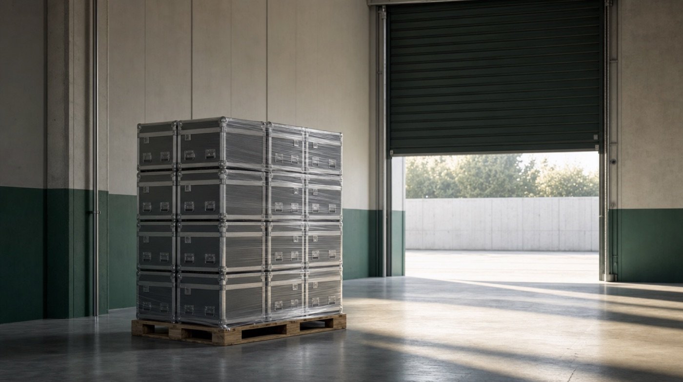 A shrink-wrapped pallet of stacked grey equipment cases in an empty warehouse loading area.
