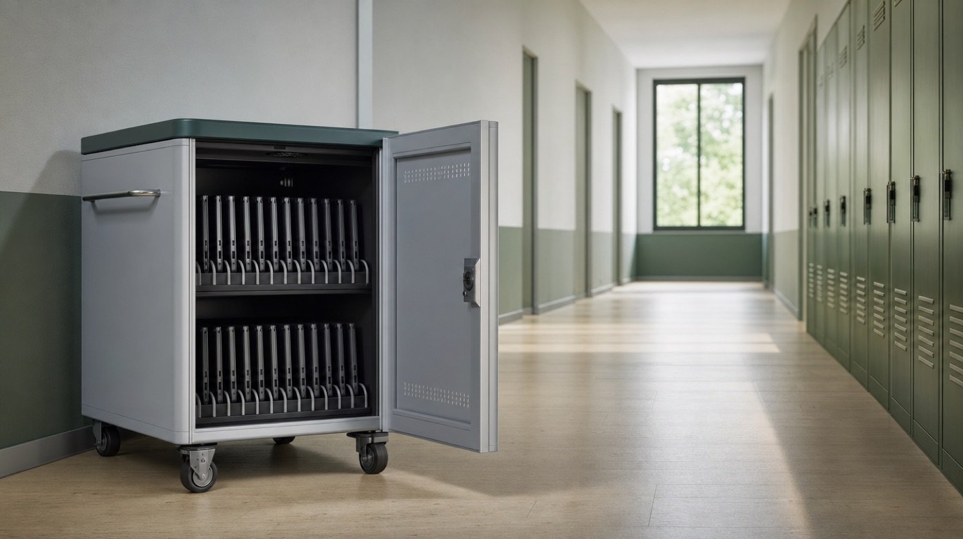 A school corridor charging cart standing open, rows of identical slim laptops slotted in its bays.