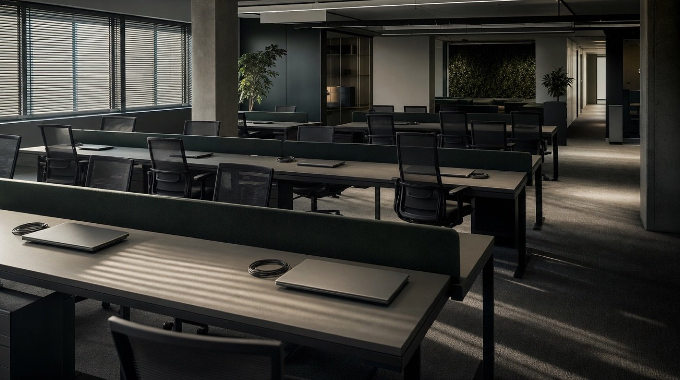 An empty open-plan office at end of lease, rows of identical closed laptops left on bare desks.