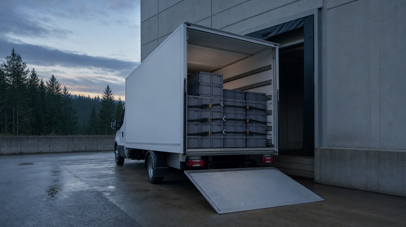 The open rear of a plain box van at a loading bay at dawn, ramp down, strapped grey containers inside.
