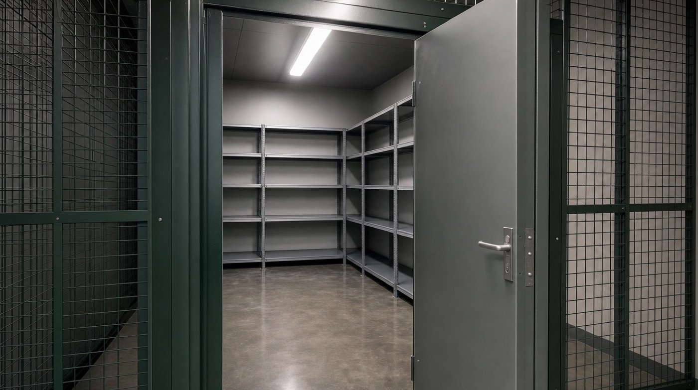 A secure storage room with steel mesh cage walls and a heavy steel door standing open on empty racking.