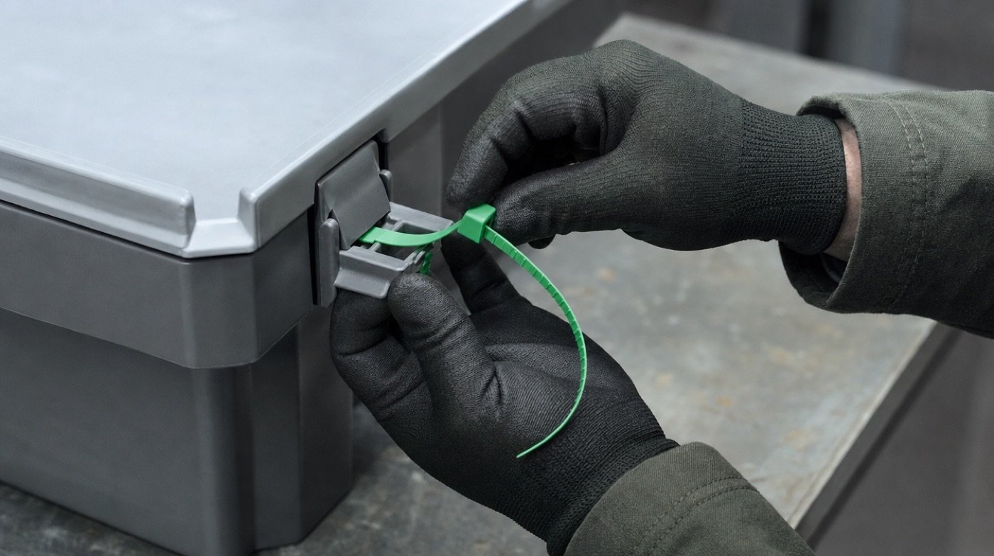 Gloved hands threading a numbered plastic security seal through the latch of a grey lidded transit tote.