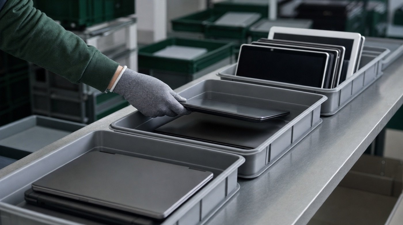 Retired laptops and tablets being sorted by hand into shallow grey trays on an intake table.