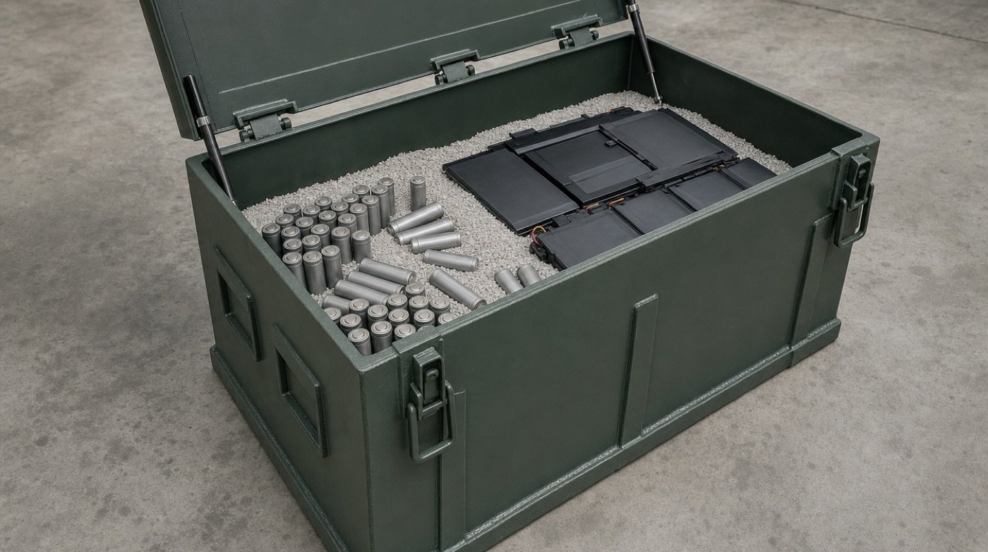 Lithium cells and laptop battery packs laid in a steel safety container part-filled with mineral granulate.