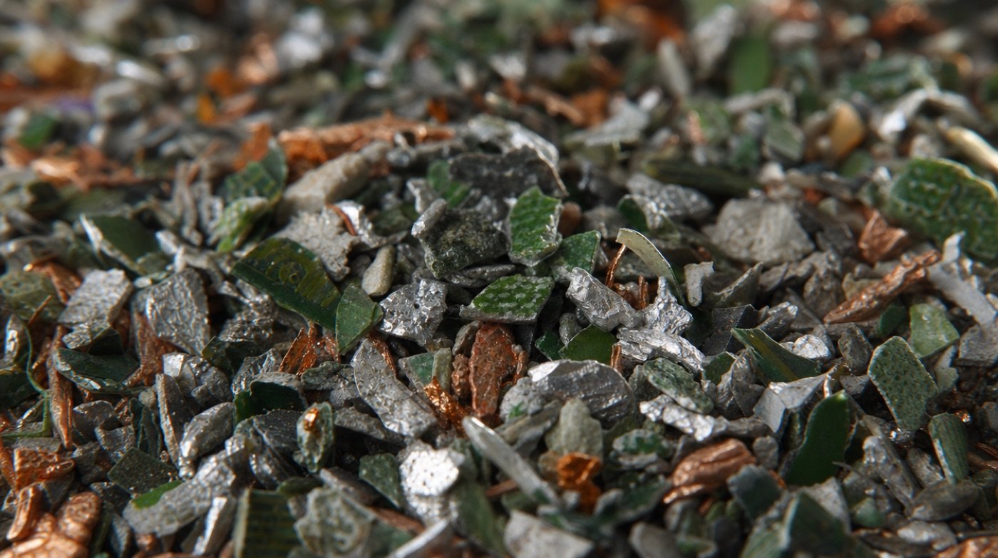 Extreme close-up of shredded electronics fragments: circuit board shards, copper flecks and aluminium fines.