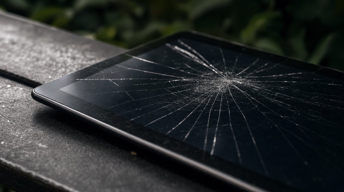 A tablet on a dark bench with a spiderweb crack across its switched-off screen, lit from the side.
