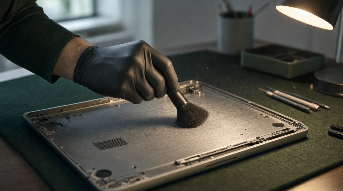 A gloved hand working over the bare aluminium underside of a laptop shell with a soft detailing brush.