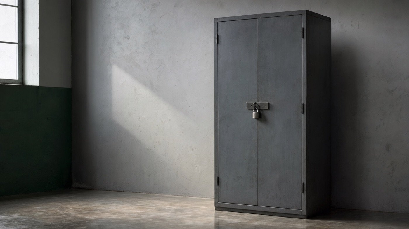 A plain steel security cabinet with a heavy hasp and padlock standing closed in an empty room.