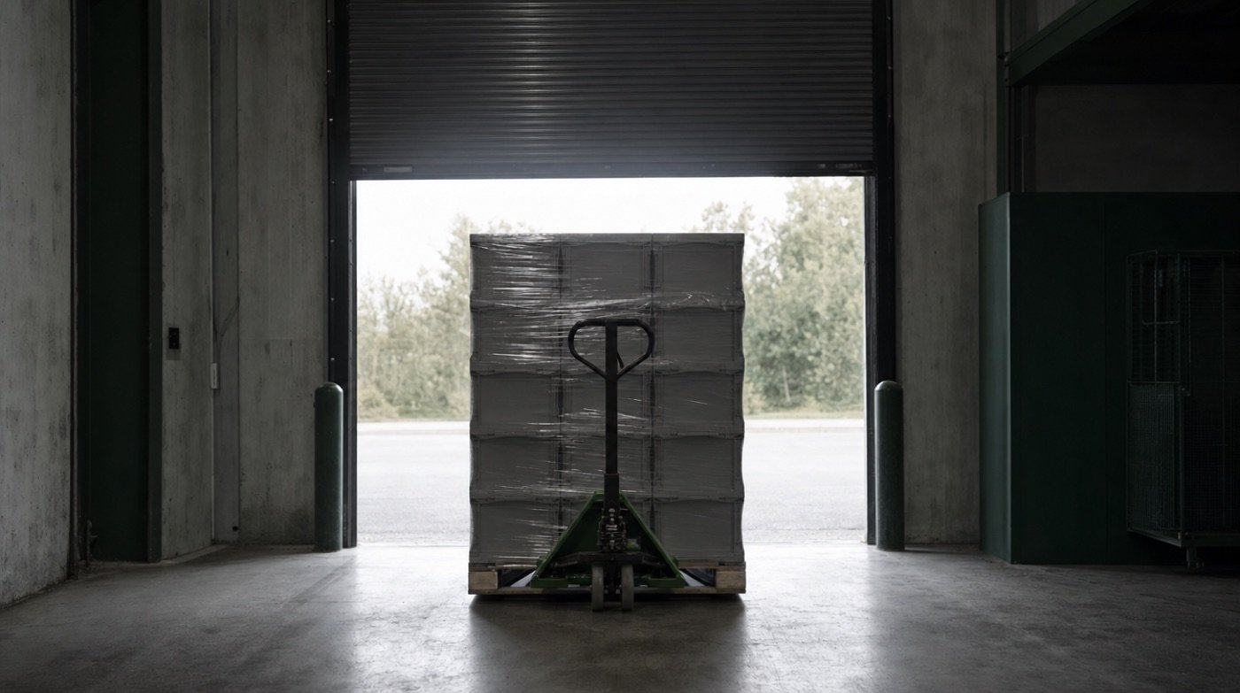 A pallet jack under a wrapped pallet of grey totes facing a part-open roller door with daylight beyond.