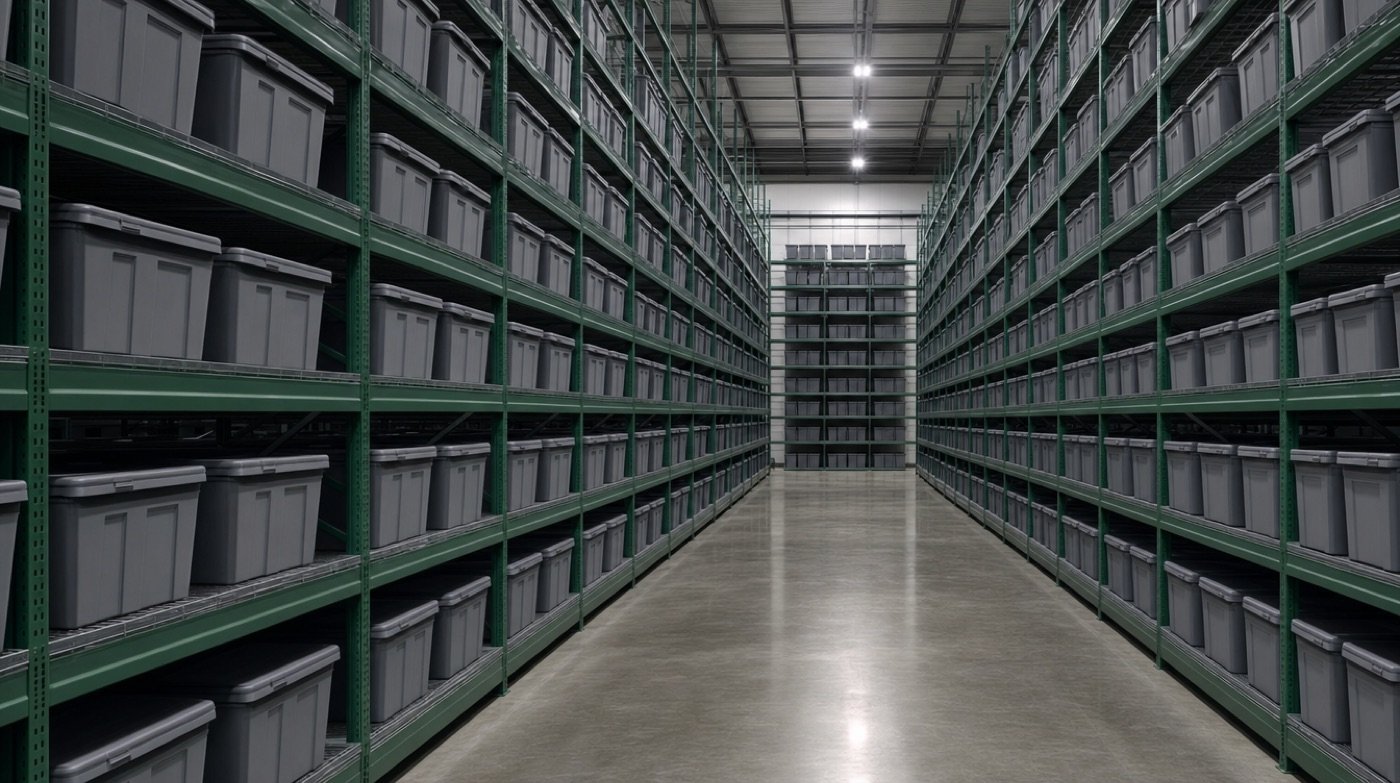 An aisle of tall warehouse racking filled with rows of identical grey lidded totes, receding in perspective.