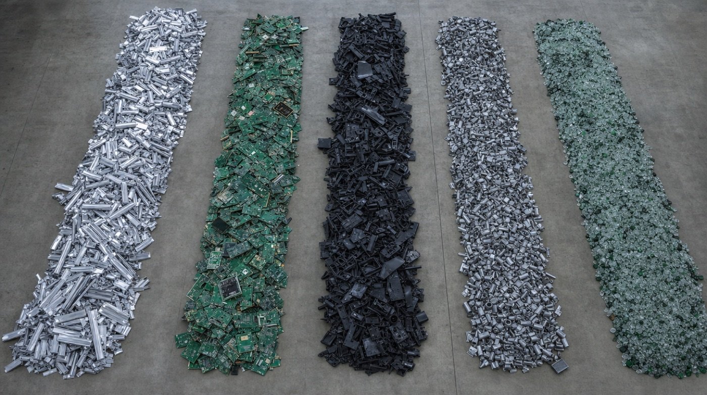 Overhead view of a warehouse floor with long parallel lanes of separated materials in distinct colours and textures.