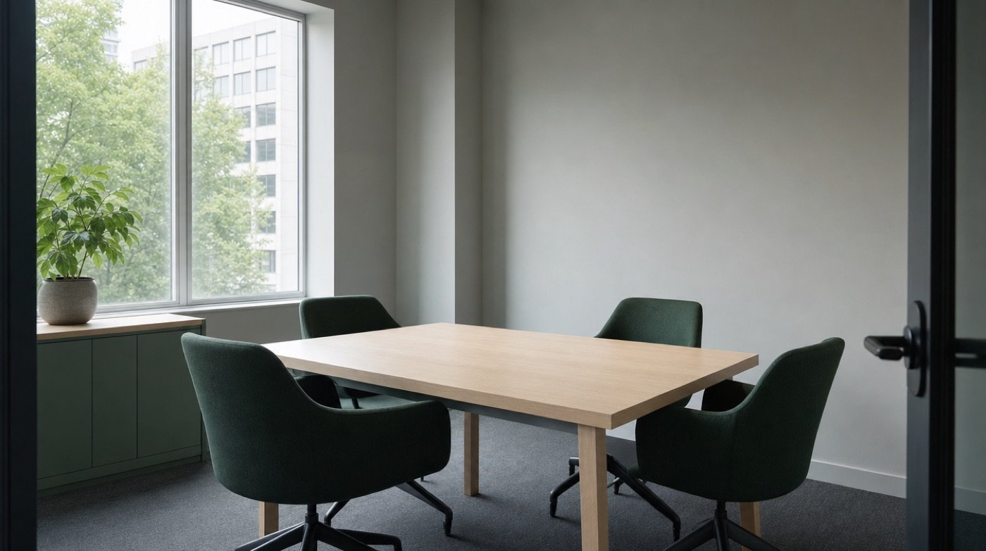An empty small meeting room with a plain pale wood table and four chairs beside a large window.