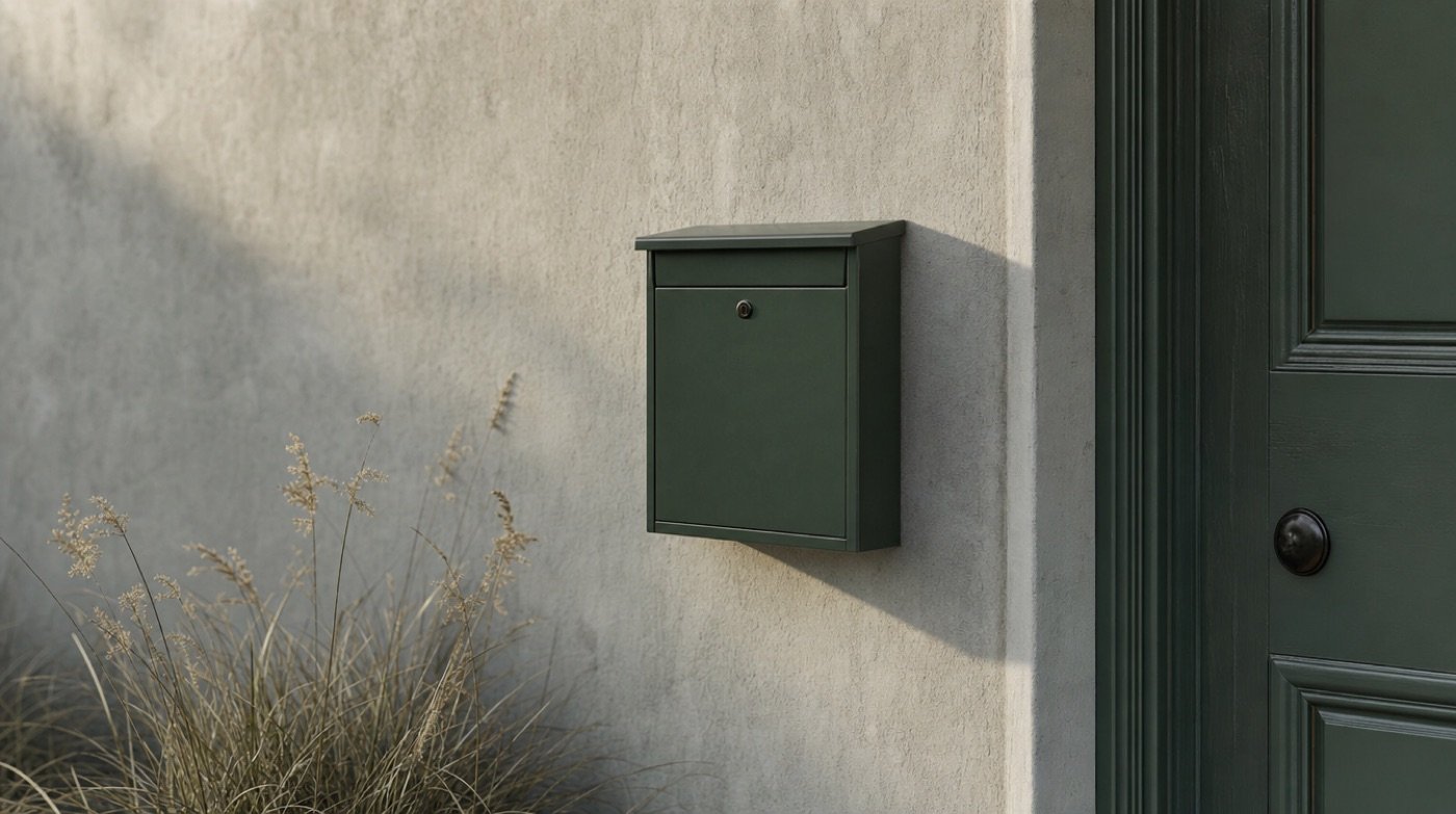 A plain dark green metal mailbox mounted beside a doorway on a rendered exterior wall in morning light.