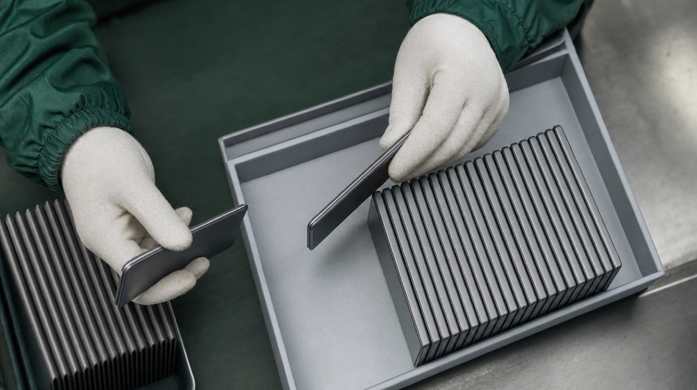 Gloved hands counting flat devices one at a time into a shallow grey tray already holding a neat row.