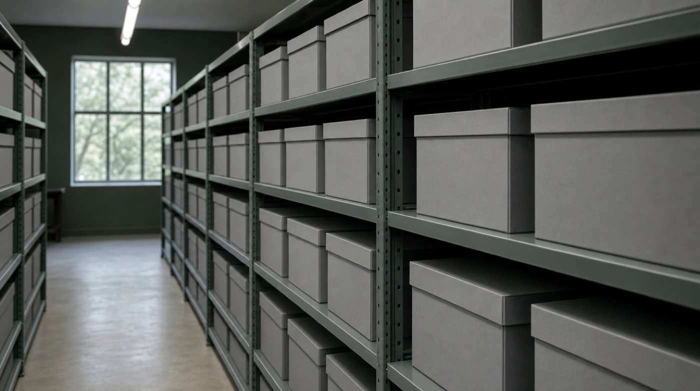 An archive shelving run holding rows of identical plain grey lidded document boxes down an aisle.