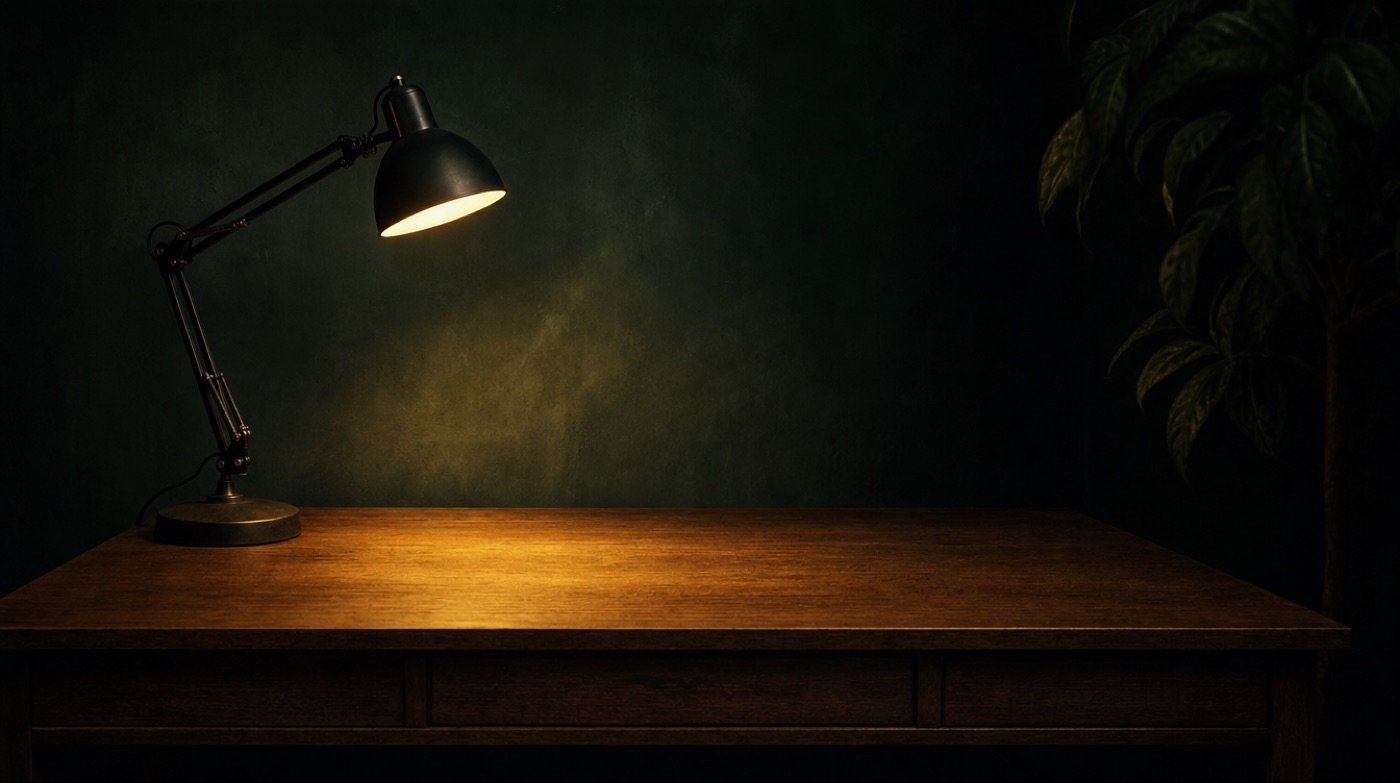 A single desk lamp lit over an empty dark wooden desk at night, one pool of warm light on the bare surface.