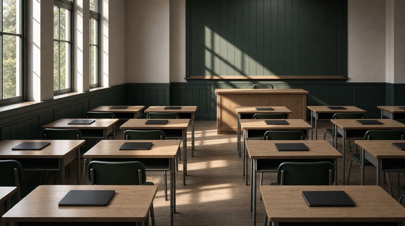 An empty classroom, an identical closed tablet placed squarely on each desk, afternoon light across the floor.