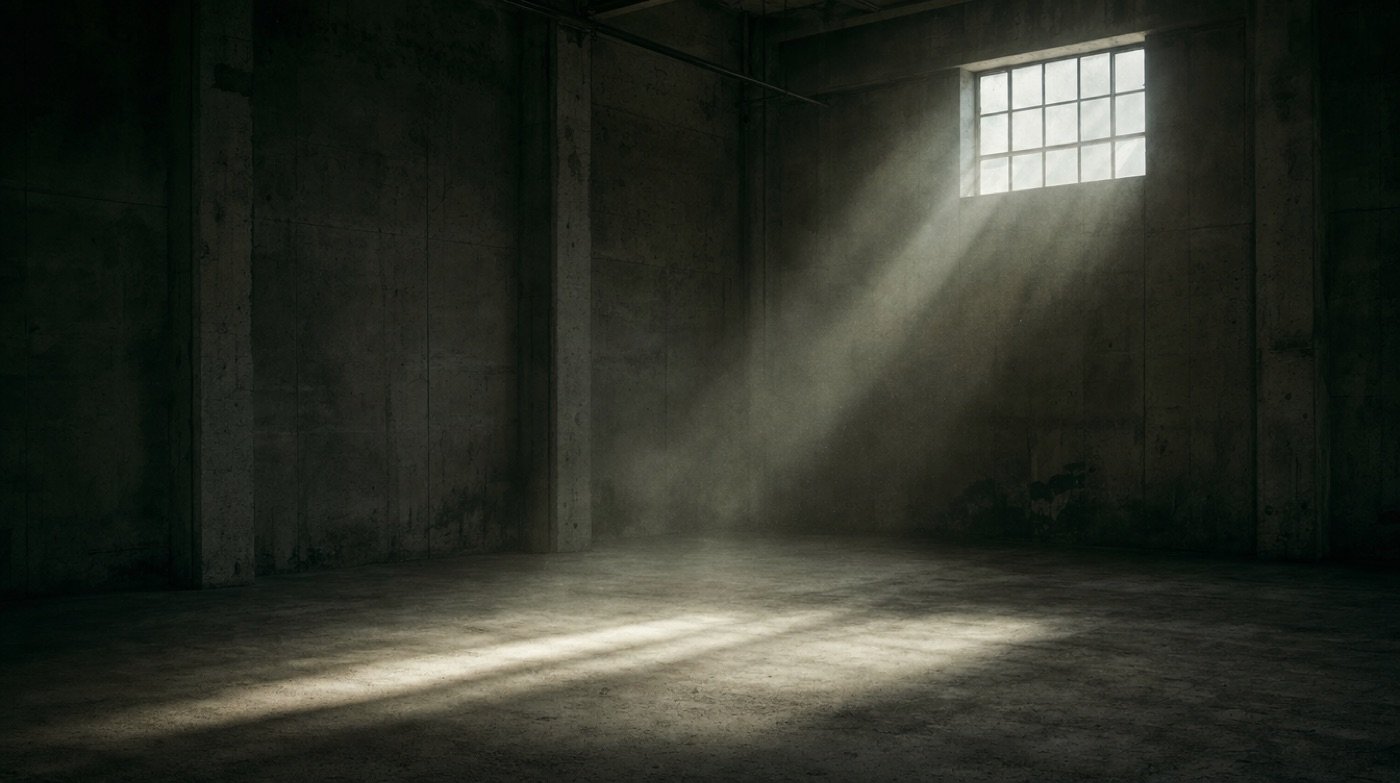 A shaft of daylight from a high industrial window falling across a swept empty concrete floor.