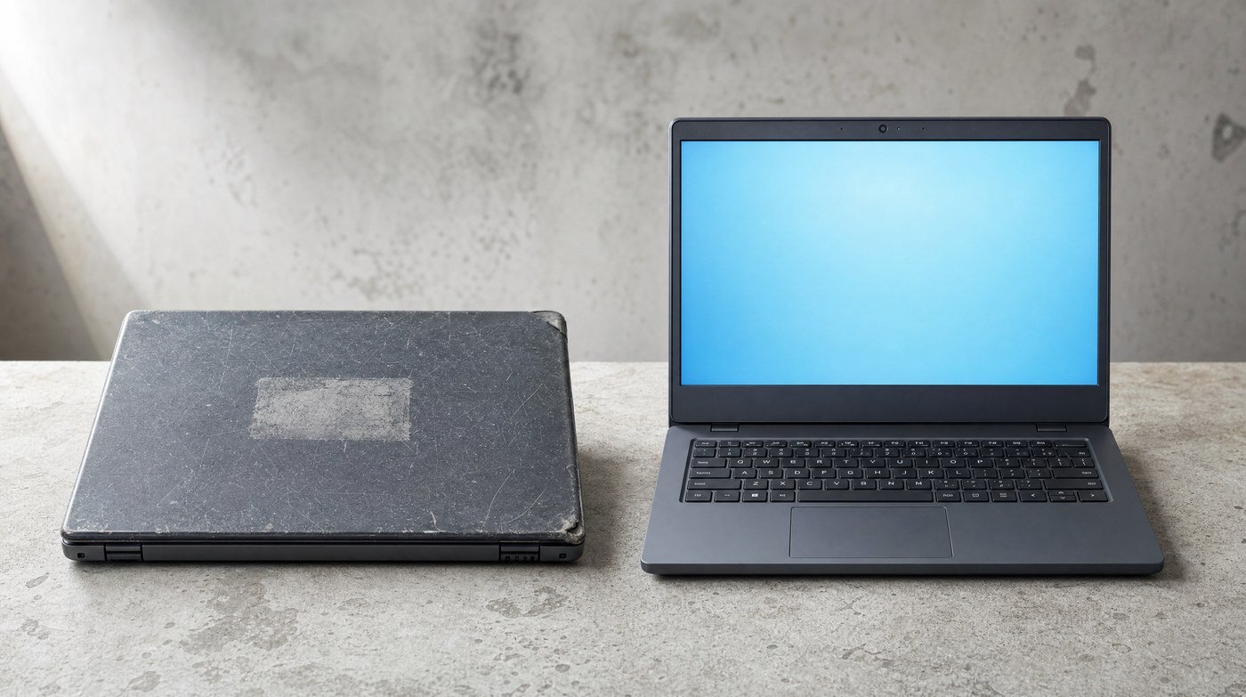 Two laptops of the same model side by side: one closed, scuffed and dulled with a pale patch where a label was peeled off; the other open, clean and switched on.