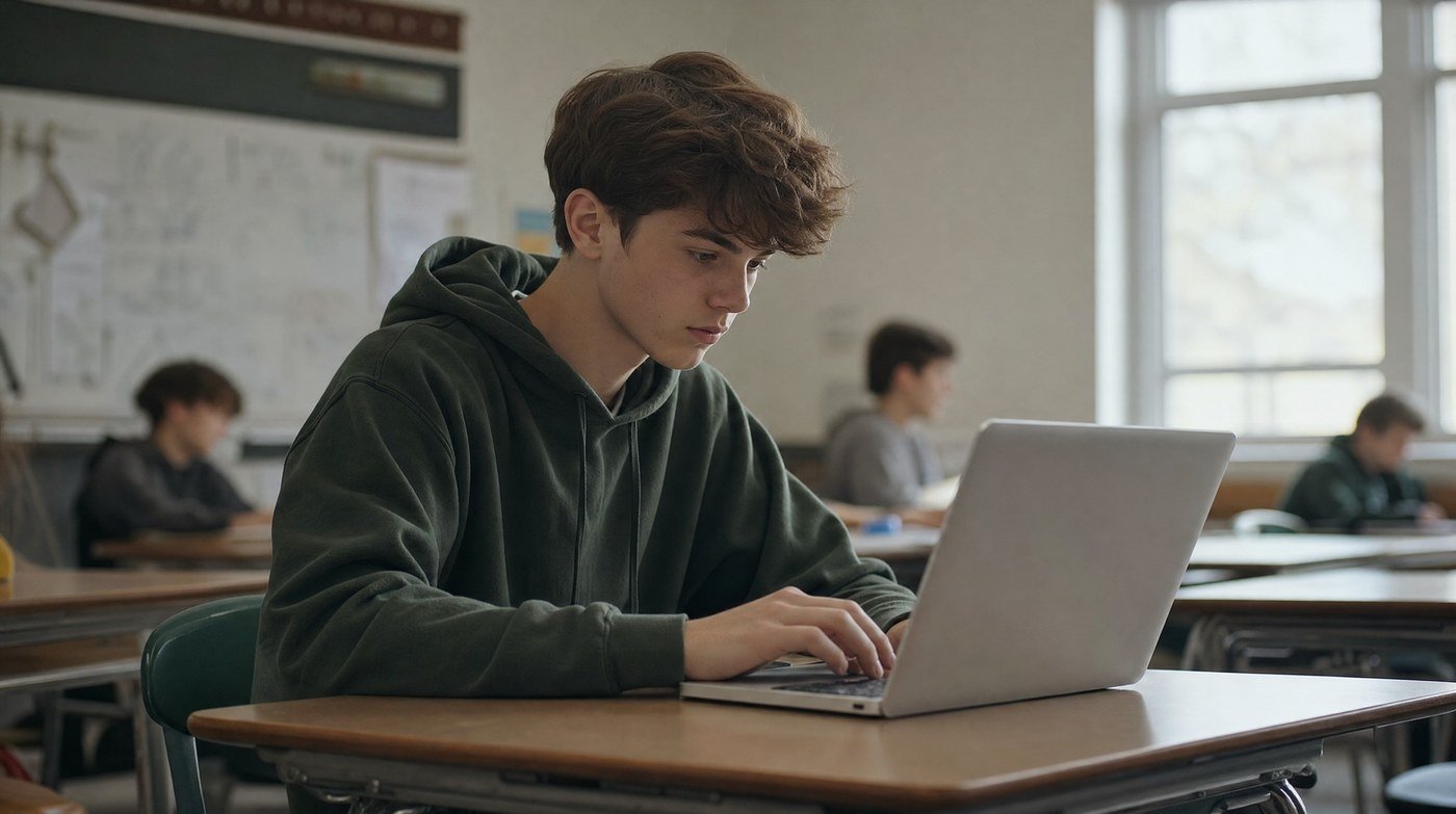 A student at a classroom desk working on a clean, slightly older laptop, lit by daylight from a tall window.