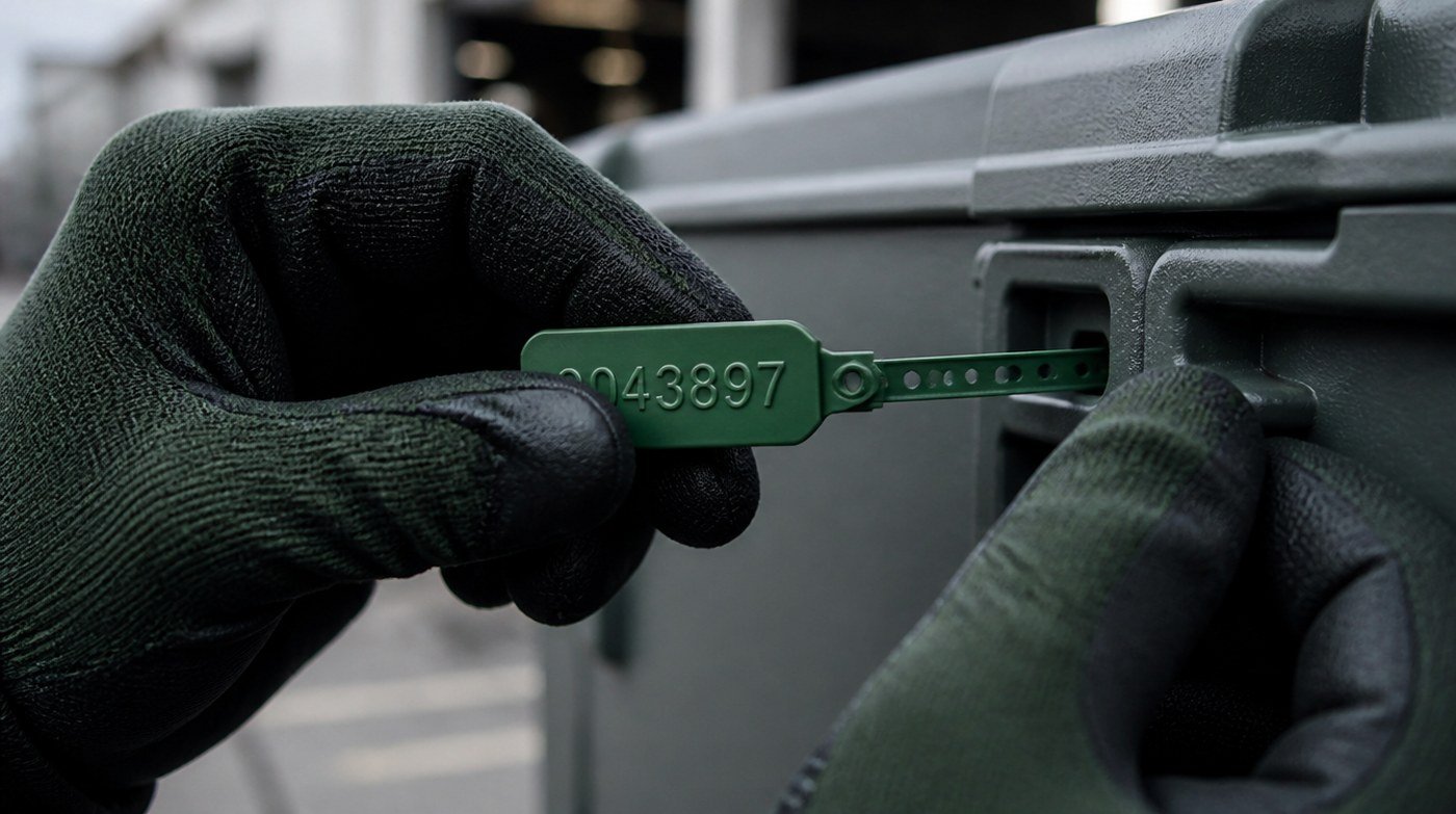 Gloved hands threading a numbered plastic security seal through the latch of a grey transit container, the moulded digits catching the light.