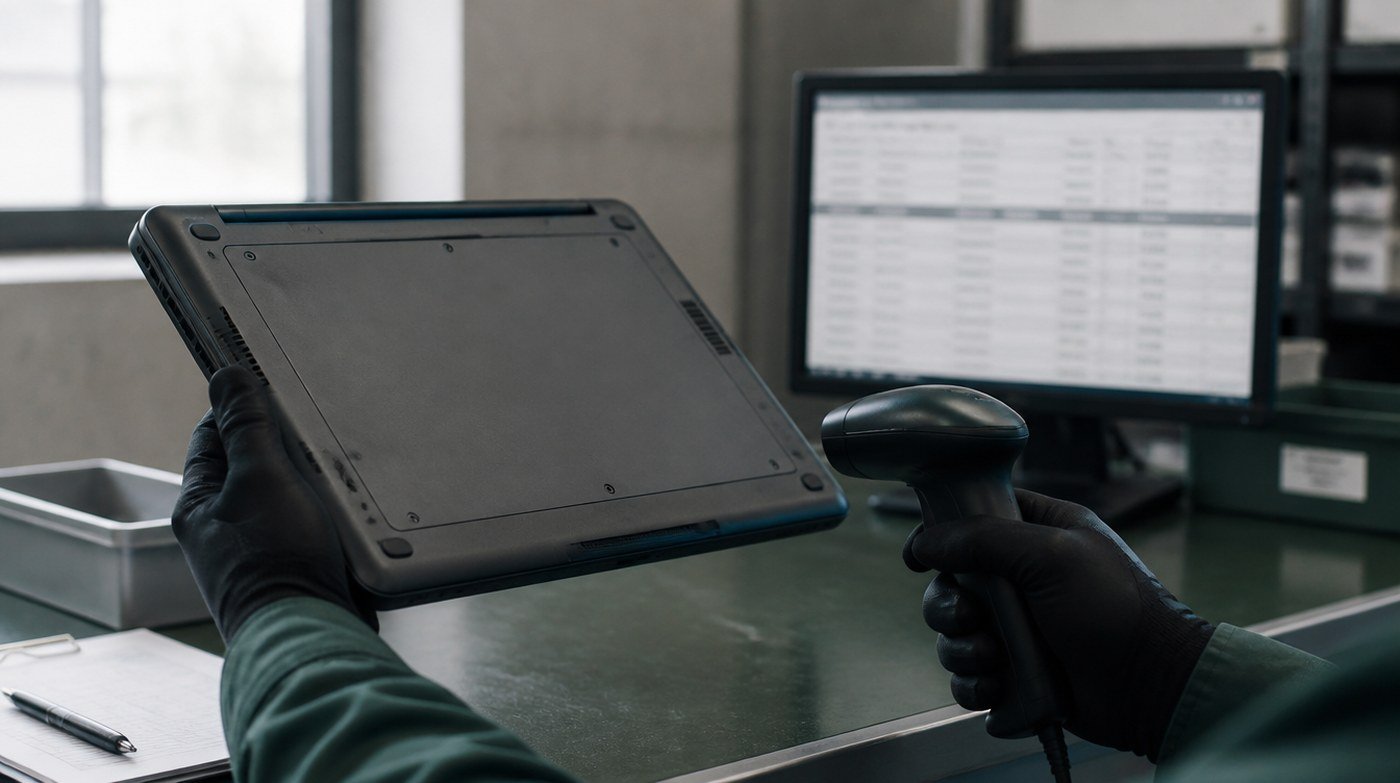 A gloved hand tilting a laptop to show its blank underside plate beneath a barcode scanner, a data table on a screen behind.