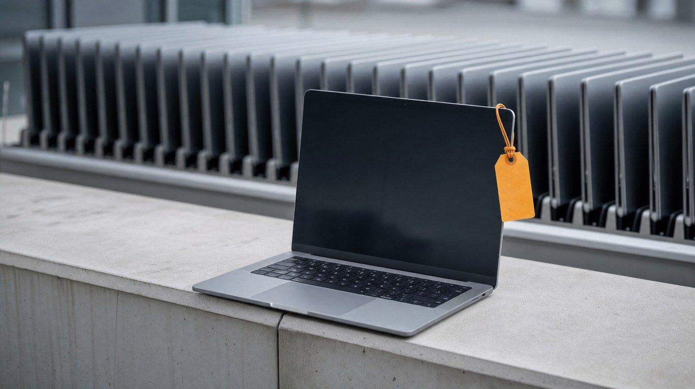A single laptop alone in a grey tray with an amber card tag on it, set apart from a stack of empty trays behind.