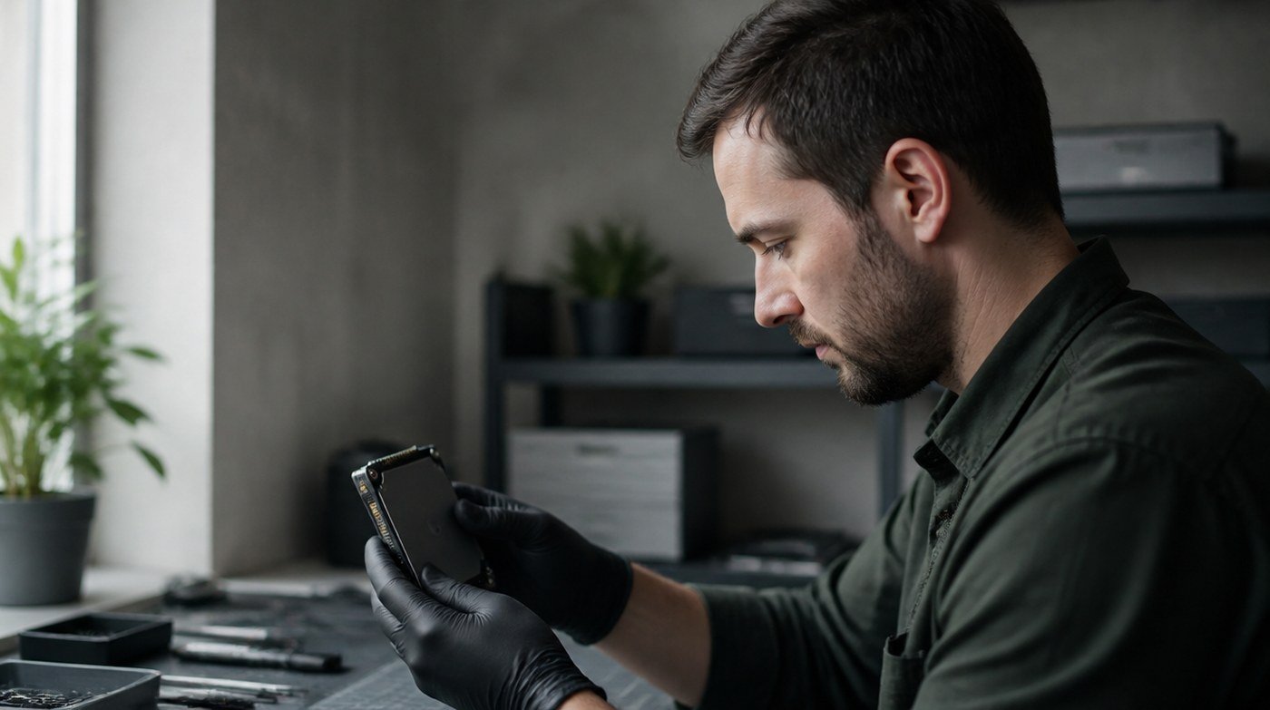 A technician in a dark green work shirt and gloves at a bench, face in profile, concentrating on a small drive held in both hands.