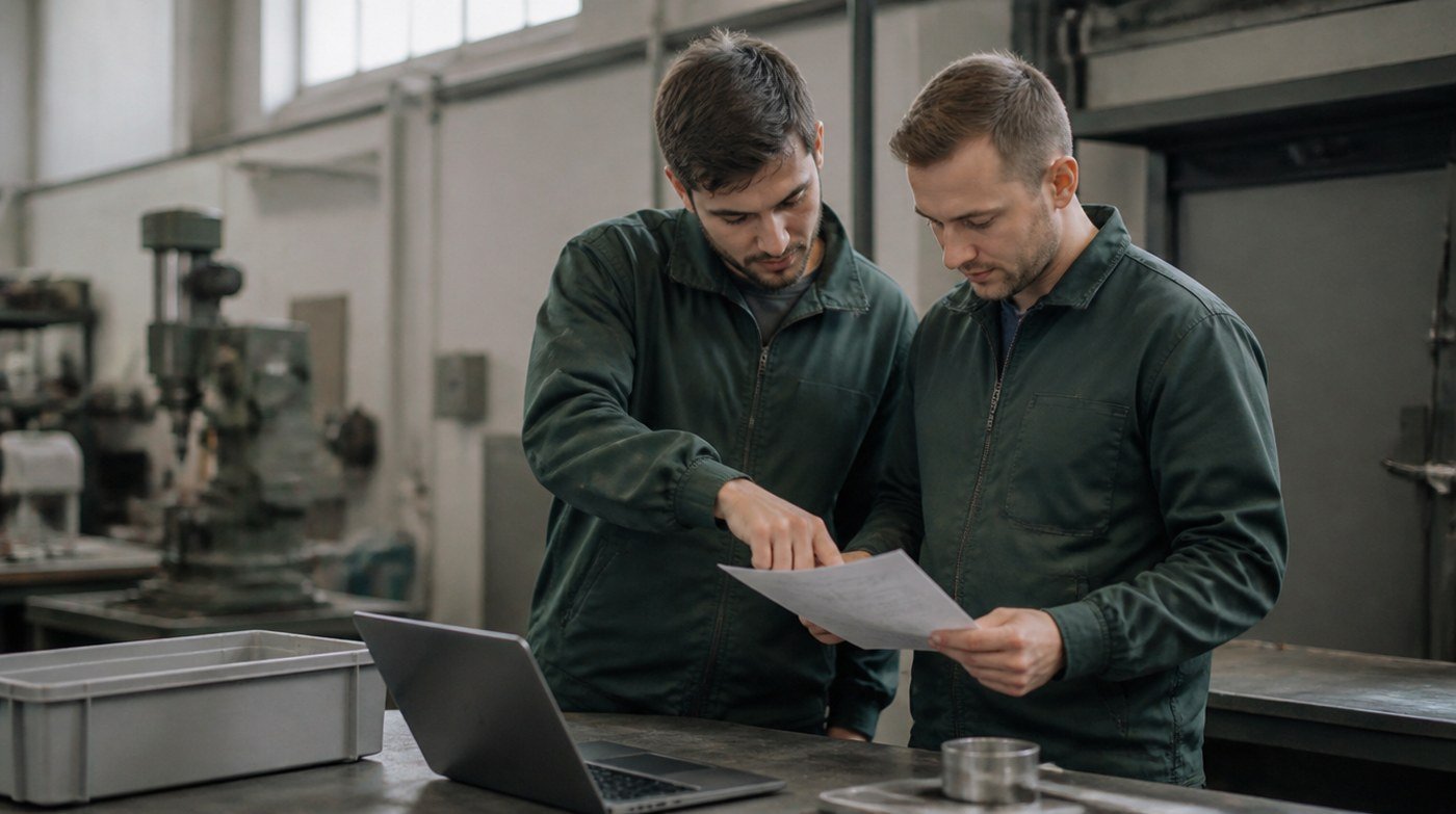 Two colleagues at a bench looking at the same printed sheet, one pointing at a line on it.