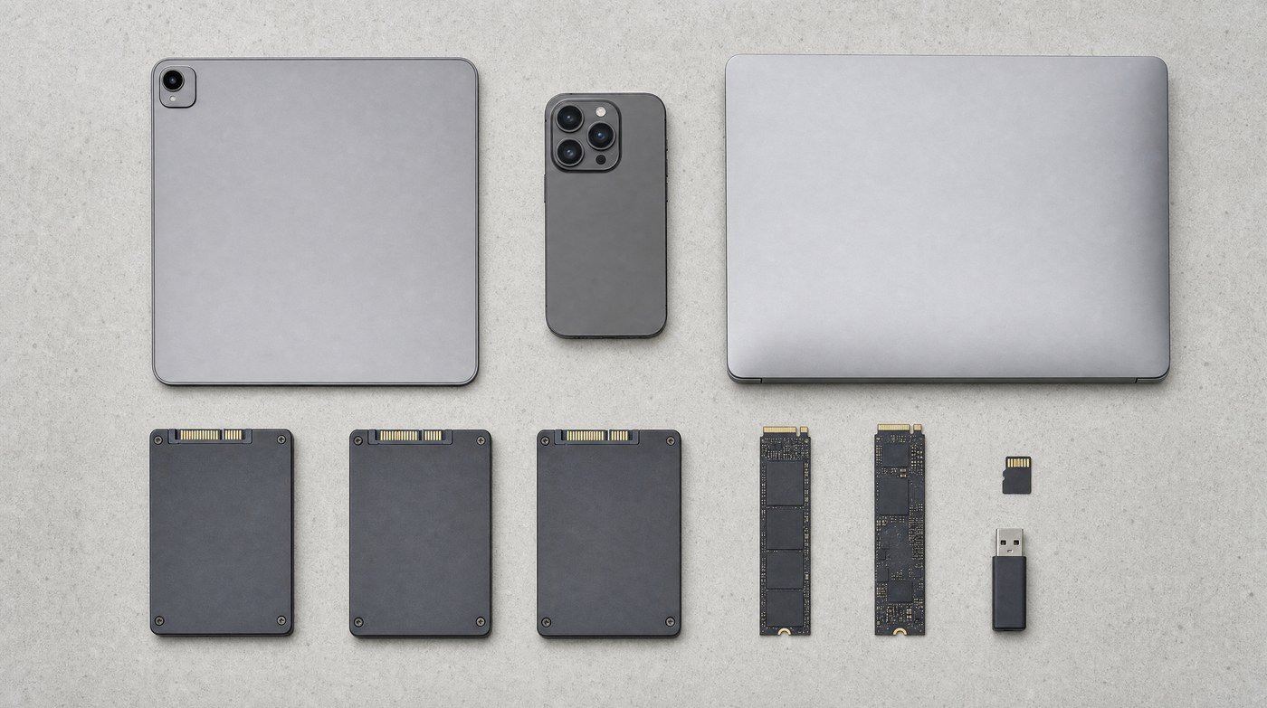An overhead grid of data-bearing media: solid state drives, bare M.2 modules, a phone, a tablet, a memory card and a USB stick.
