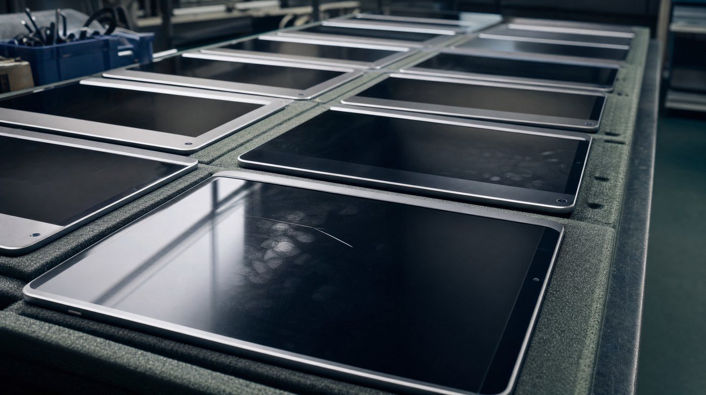 Rows of retired tablets face up in foam trays on a workbench, dark screens catching the window light, one visibly scratched.