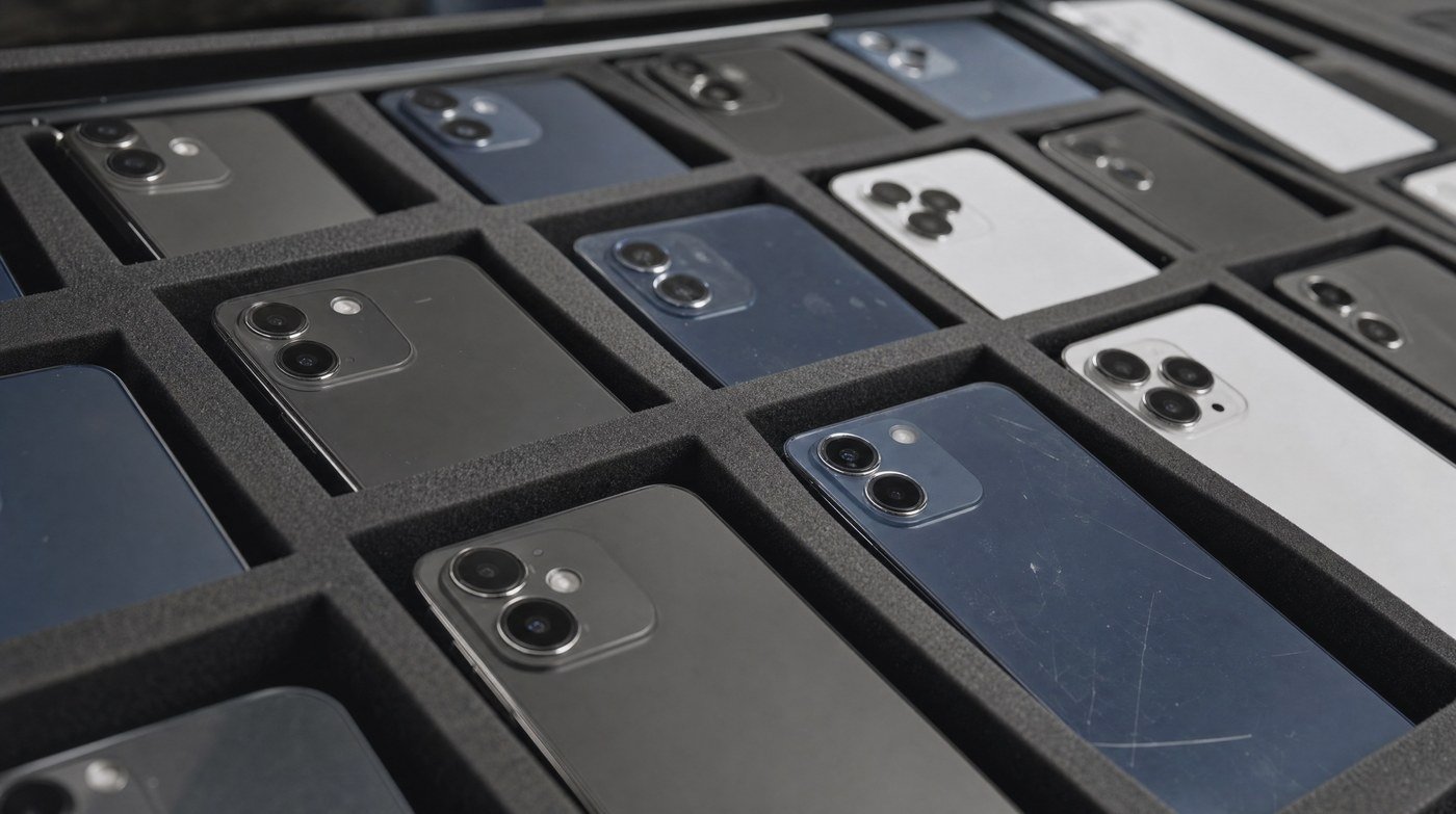 Retired smartphones laid face down in slotted foam trays, raised camera islands and scuffed glass backs catching the light.