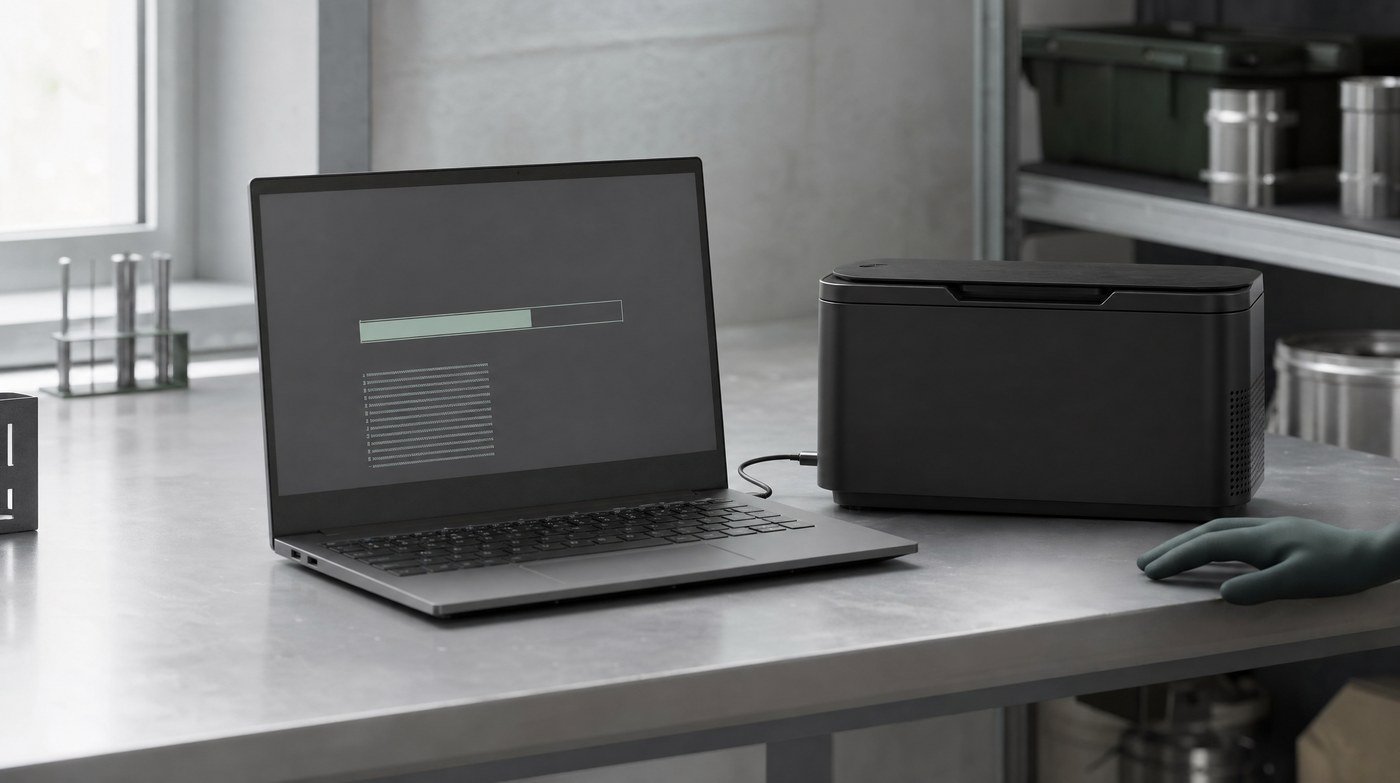 An open laptop on a bench connected to a small sanitization appliance, a progress bar part way across its screen.