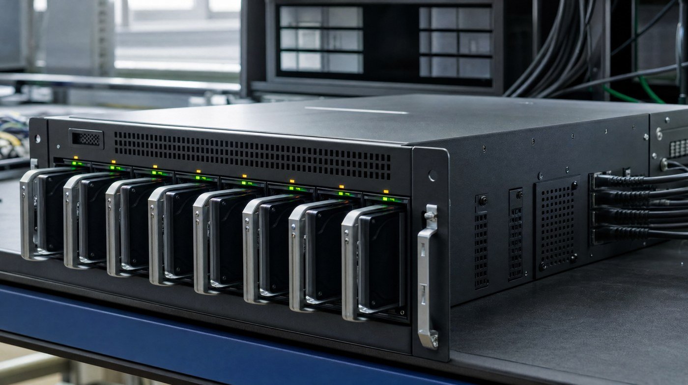 A multi-bay drive erasure appliance with eight solid state drives seated in open bays, status lights lit along the row.
