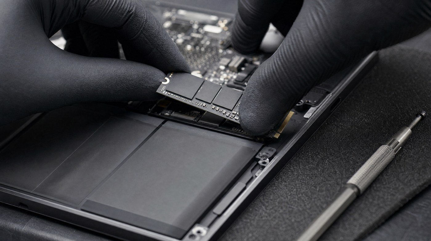Gloved hands lifting a bare M.2 solid state module clear of an opened laptop, a precision screwdriver alongside.