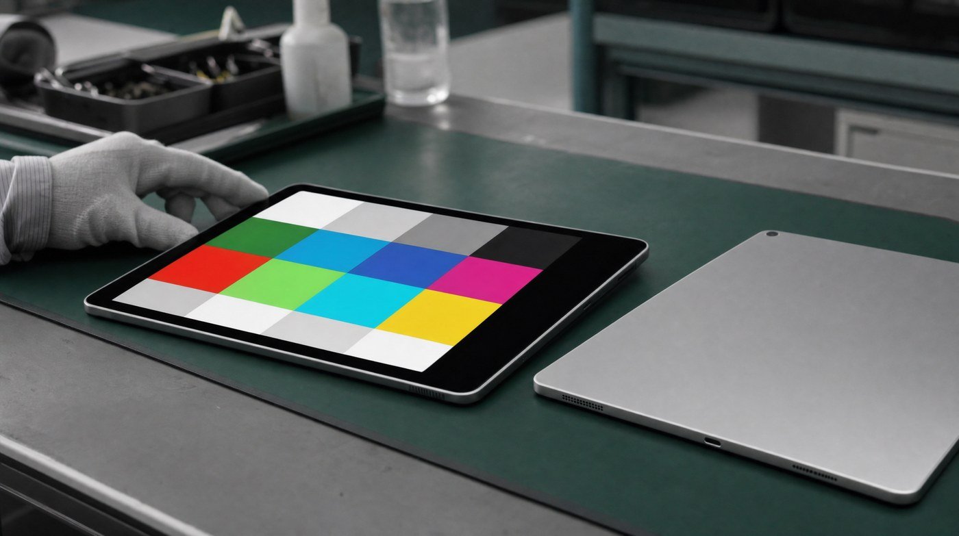 A tablet on a test bench showing a full screen diagnostic colour pattern, checked by a gloved hand.